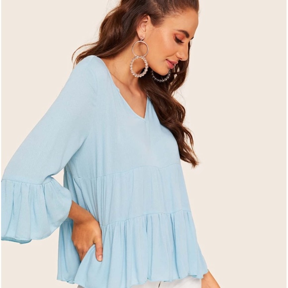 SHEIN Flounce Sleeve Ruffle Hem Smock Top - Picture 3 of 6